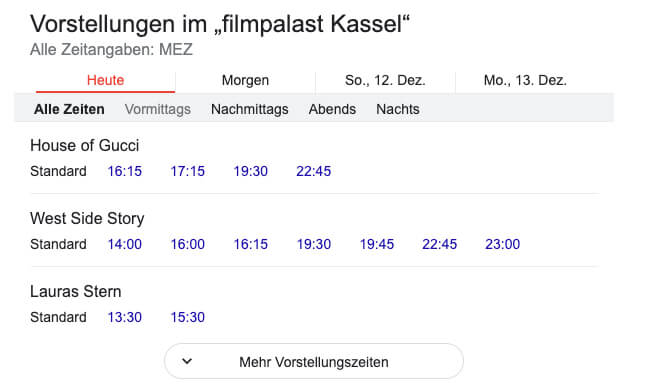 Vorstellungszeiten des filmpalast Kassels über Google