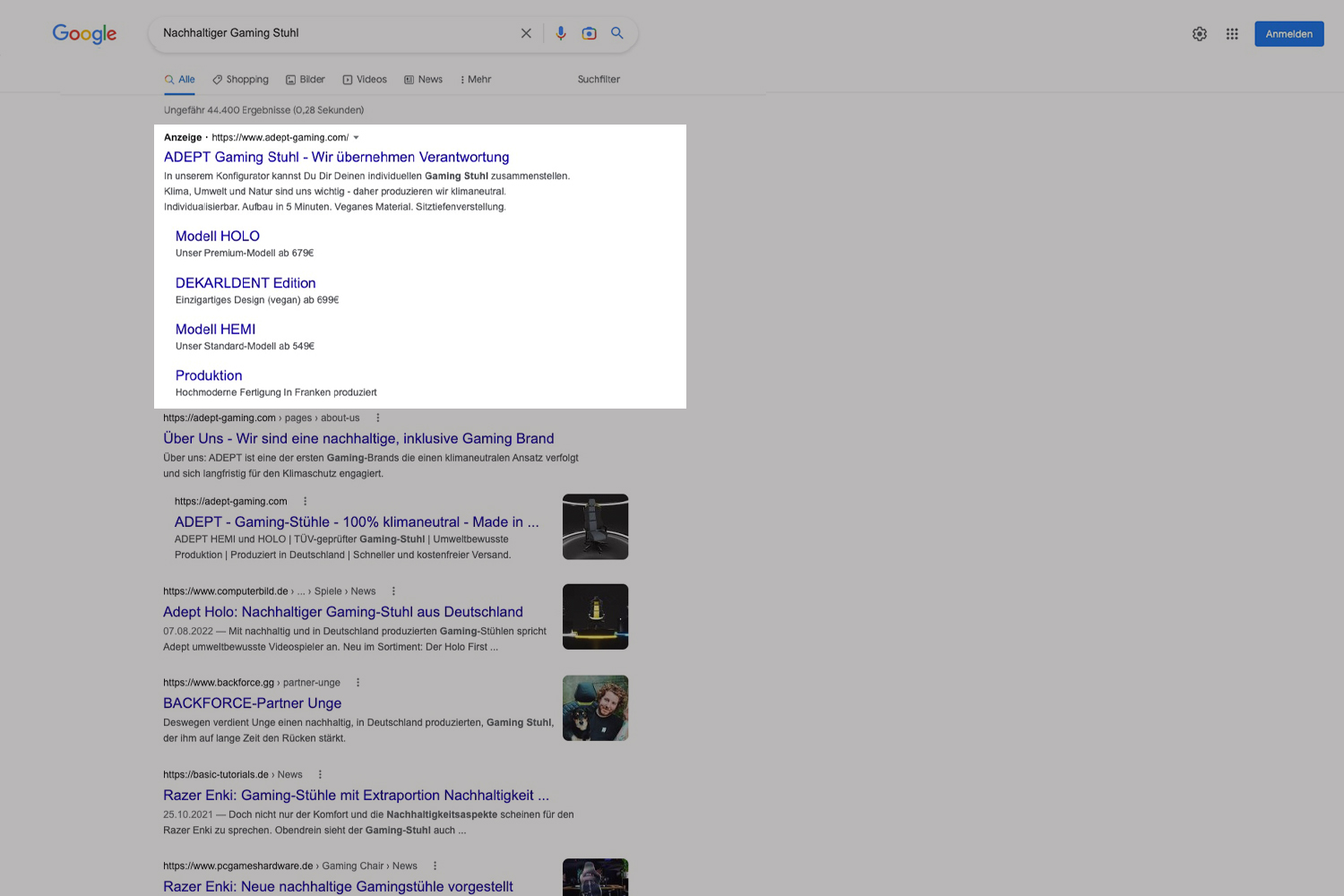 Google Anzeige für die ADEPT Homepage