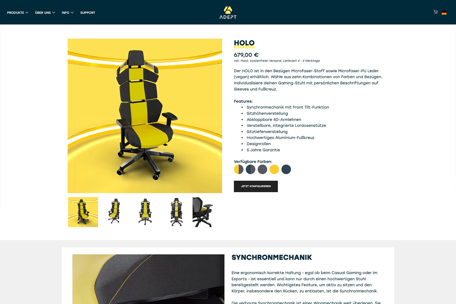 Produkt-Detailseite vom Gaming-Stuhl HOLO