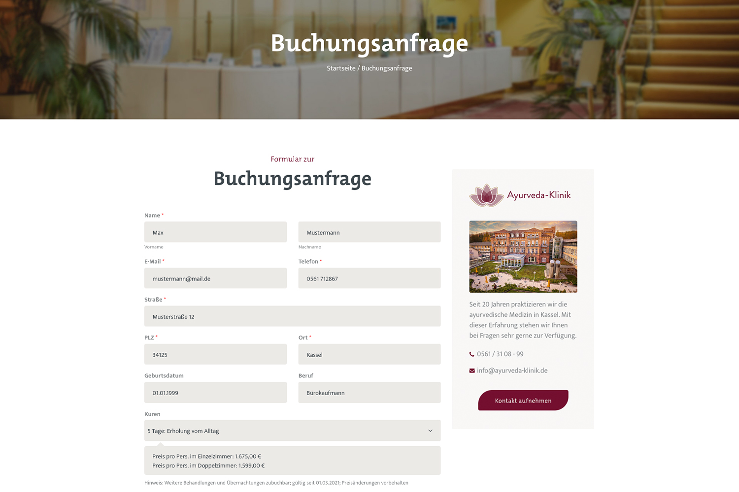 Formular zur Buchungsanfrage in der Ayurveda-Klinik