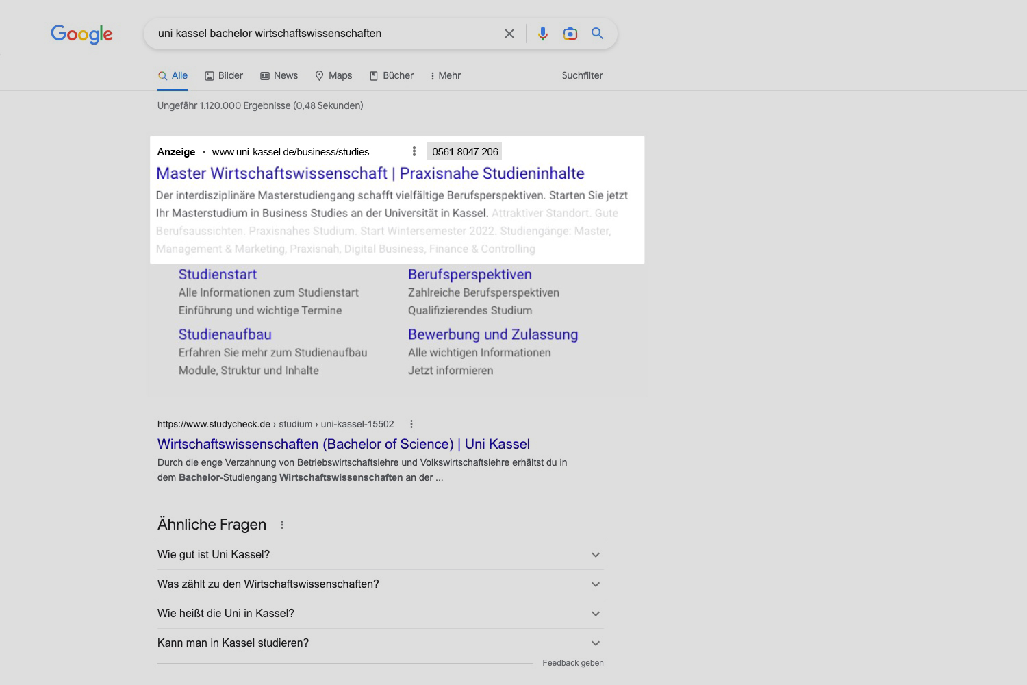 Google Anzeige für den Master Studiengang Wirtschaftswissenschaft