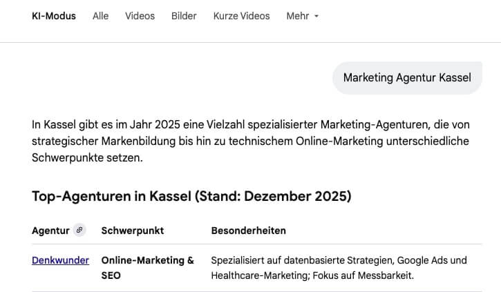 Ausschnitt eines Chatbots mit Suchergebnissen zu Marketingagenturen in Kassel