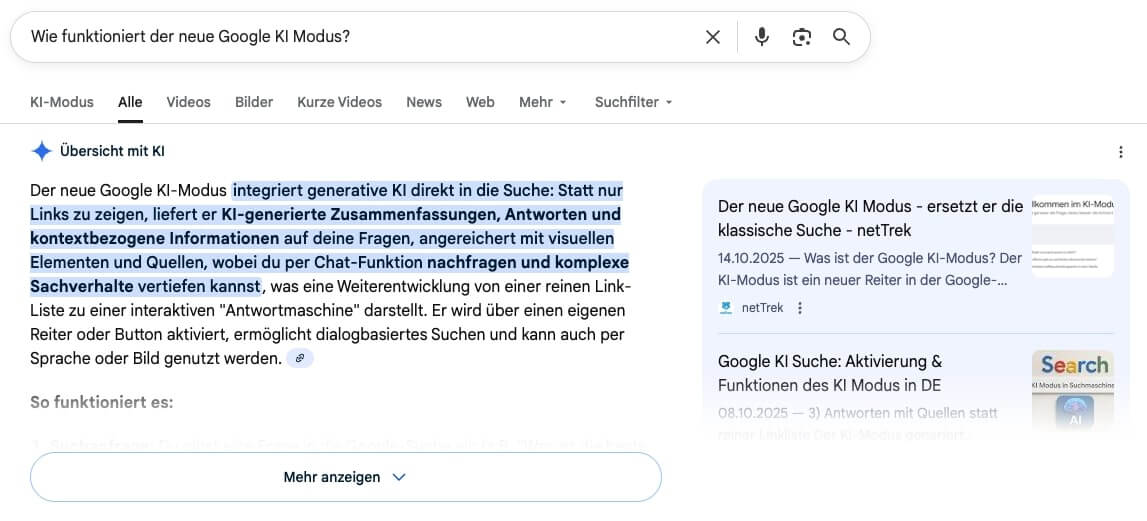 Screenshot einer Google-Suchergebnisseite mit hervorgehobenem Text zum neuen KI-Modus