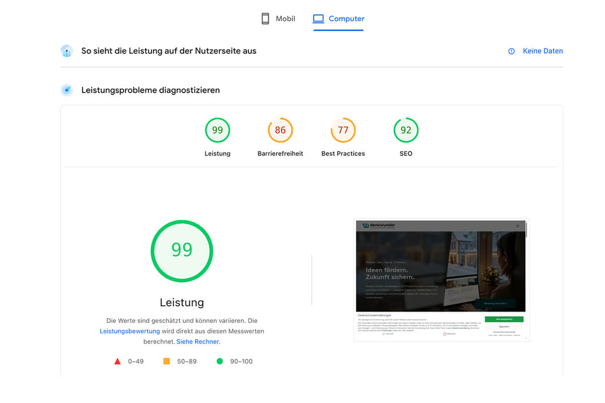 Screenshot einer Webleistungsanalyse aus PageSpeed Insights mit der Denkwunder-Startseite als Beispiel
