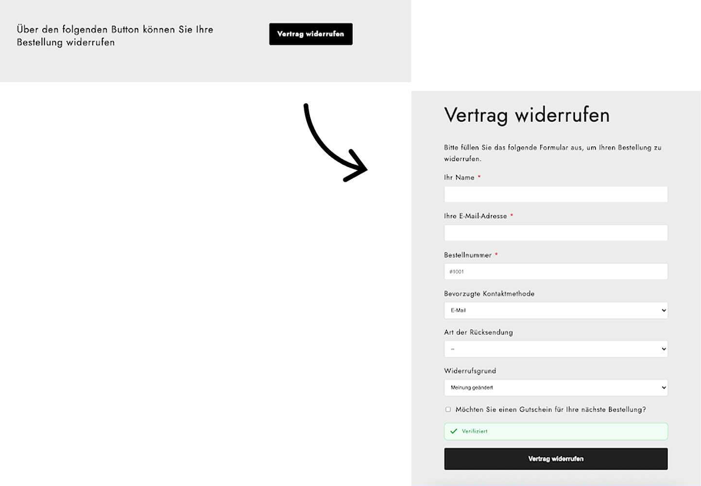 Beispielhafte Darstellung eines Widerrufsbuttons auf einer Website